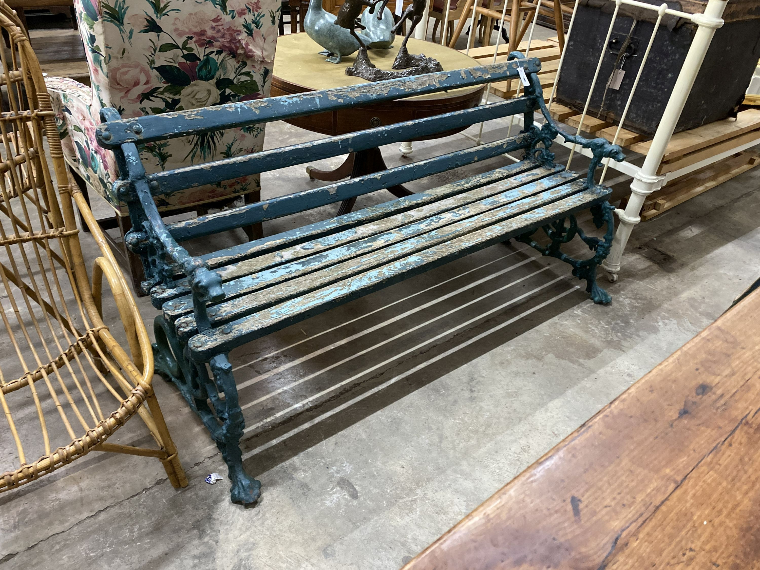 A Victorian Coalbrookdale painted cast iron serpent and grape slatted garden bench, length 160cm, depth 50cm, height 80cm